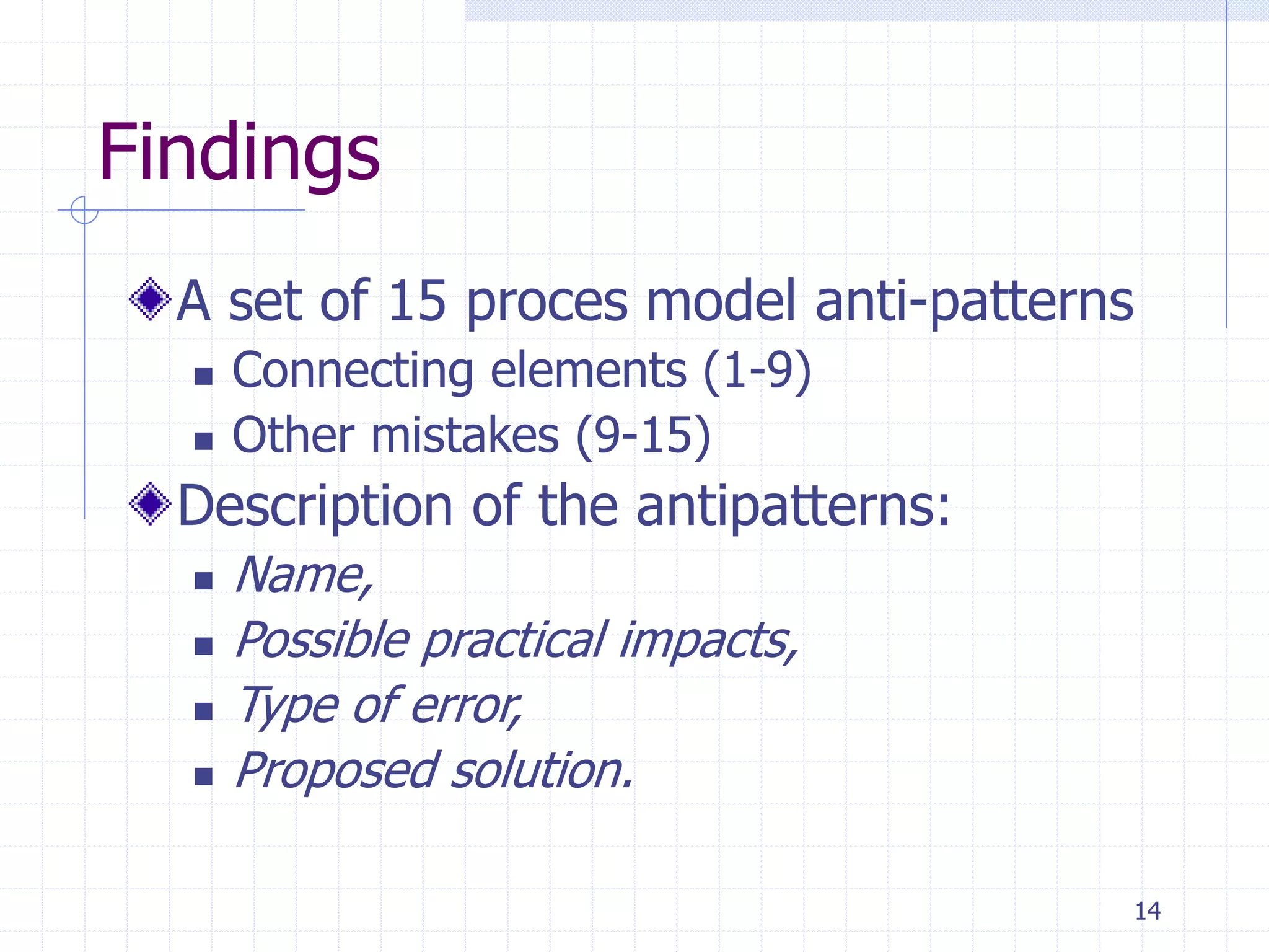 14
Findings
A set of 15 proces model anti-patterns
 Connecting elements (1-9)
 Other mistakes (9-15)
Description of the antipatterns:
 Name,
 Possible practical impacts,
 Type of error,
 Proposed solution.
 