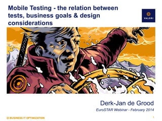 Mobile Testing - the relation between
tests, business goals & design
considerations

Derk-Jan de Grood
EuroSTAR Webinar - February 2014
1

 