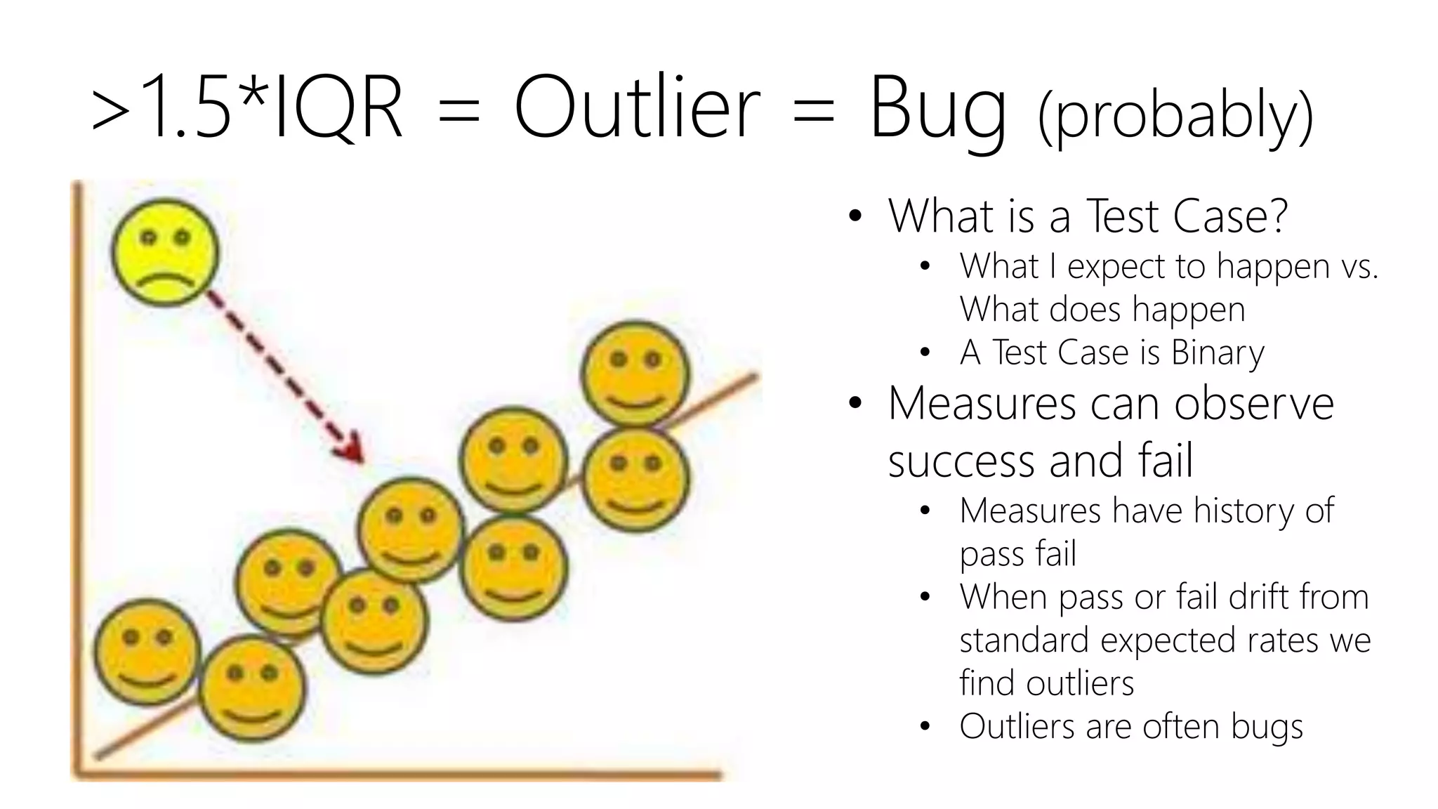 >1.5*IQR = Outlier = Bug (probably)
• What is a Test Case?
• What I expect to happen vs.
What does happen
• A Test Case is Binary
• Measures can observe
success and fail
• Measures have history of
pass fail
• When pass or fail drift from
standard expected rates we
find outliers
• Outliers are often bugs
 