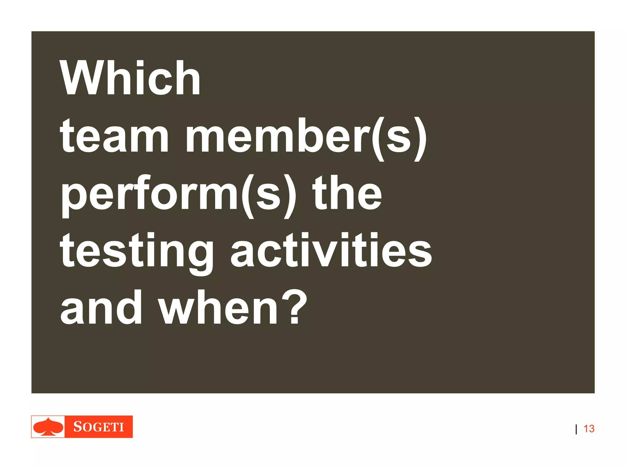 |
Which
team member(s)
perform(s) the
testing activities
and when?
13
 