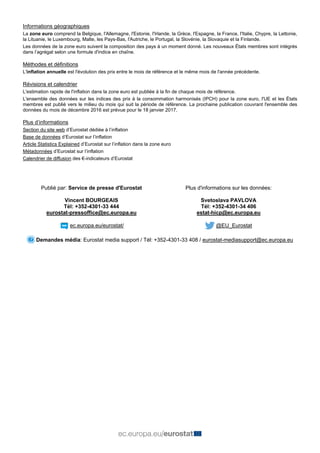 Informations géographiques
La zone euro comprend la Belgique, l'Allemagne, l'Estonie, l'Irlande, la Grèce, l'Espagne, la France, l'Italie, Chypre, la Lettonie,
la Lituanie, le Luxembourg, Malte, les Pays-Bas, l'Autriche, le Portugal, la Slovénie, la Slovaquie et la Finlande.
Les données de la zone euro suivent la composition des pays à un moment donné. Les nouveaux États membres sont intégrés
dans l’agrégat selon une formule d'indice en chaîne.
Méthodes et définitions
L'inflation annuelle est l'évolution des prix entre le mois de référence et le même mois de l'année précédente.
Révisions et calendrier
L'estimation rapide de l'inflation dans la zone euro est publiée à la fin de chaque mois de référence.
L'ensemble des données sur les indices des prix à la consommation harmonisés (IPCH) pour la zone euro, l'UE et les États
membres est publié vers le milieu du mois qui suit la période de référence. La prochaine publication couvrant l'ensemble des
données du mois de décembre 2016 est prévue pour le 18 janvier 2017.
Plus d’informations
Section du site web d’Eurostat dédiée à l’inflation
Base de données d’Eurostat sur l’inflation
Article Statistics Explained d’Eurostat sur l’inflation dans la zone euro
Métadonnées d’Eurostat sur l’inflation
Calendrier de diffusion des €-indicateurs d’Eurostat
Publié par: Service de presse d'Eurostat
Vincent BOURGEAIS
Tél: +352-4301-33 444
eurostat-pressoffice@ec.europa.eu
ec.europa.eu/eurostat/
Plus d'informations sur les données:
Svetoslava PAVLOVA
Tél: +352-4301-34 406
estat-hicp@ec.europa.eu
@EU_Eurostat
Demandes média: Eurostat media support / Tél: +352-4301-33 408 / eurostat-mediasupport@ec.europa.eu
 