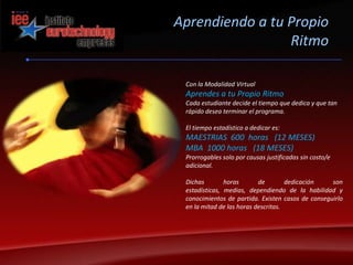 Aprendiendo a tu Propio RitmoCon la Modalidad VirtualAprendes a tu Propio RitmoCada estudiante decide el tiempo que dedica y que tan rápido desea terminar el programa.El tiempo estadístico a dedicar es:MAESTRIAS  600  horas   (12 MESES)MBA  1000 horas   (18 MESES)Prorrogables solo por causas justificadas sin costo/e adicional. Dichas horas de dedicación son estadísticas, medias, dependiendo de la habilidad y conocimientos de partida. Existen casos de conseguirlo en la mitad de las horas descritas.