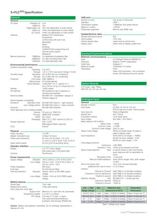 General
General
I/o types Analogue i/p: Four
digital i/p: Two
digital (logic) o/p: Two max (dependant on build variant)
Relay o/p: Three max (dependant on build variant)
dC output: Three max (dependant on build variant)
Features: Modbus TCP master/slave
Programmer
Control loops with auto-tune
Recording
Batch
Archiving
CodESyS IdE programming tool
Zirconia probe support
Webserver
Memory resources: 12MBytes: For application/visualisation files
28MBytes: For data recording history files
62kBytes: For retain/persistent data
Environmental performance
Ambient temperature range
operating: 0 to 55°C
Storage: –20 to +70°C max rate of change 1°C/min
Humidity range operating: 5% to 85% RH non condensing
Storage: 5% to 85% RH non condensing
Protection Front panel IP66, NEMA12
Behind panel: IP10 (International)
Shock/Vibration: To BS EN61131-2 : section 4.2.1
(5 to 150 Hz. at 2g; 0.5 octave per min.)
Altitude: <2000 metres
Atmosphere: Not suitable for use in explosive or
corrosive atmospheres
Electrical safety: BS EN61010-1 (Installation category II;
Pollution degree 2)
Electromagnetic compatibility
Emissions (Standard units): BS EN61326 Class B – Light industrial
(Low voltage option): BS EN61326 Class A – Heavy industrial
Immunity: BS EN61326 Industrial
other approvals and compliance details
General: CE and cUL, EN61010
PV input: AMS2750E compliant
RoHS: EU; China
Packaging: BS61131-2: 2007 section 6.3.3/6.3.4
Russian Approval: EAC CUTR
Metrological Pattern Approval
CCC: Exempt
Physical
Panel mounting: 1/4 dIN
Weight: Instrument only: 0.44kg (15.52ozs)
Panel cutout dimension: 92 mm x 92 mm (both -0.0 +0.8)
or 3.62 in x 3.62 in (both -0.00 +0.03 in)
depth behind panel: 90 mm (3.54 in) excluding wiring
Operator interface
display: 3.5” TFT colour display
(320 pixels wide x 240 pixels high)
Controls: Touchscreen
Power requirements
Supply voltage: Standard: 100 to 230V ac ±15% at 48 to 62Hz
Low voltage: 24V ac (+10% –15%) at 48 to 62Hz, or
24V dc (+20% –15%)
Power dissipation: 9W (max.)
Fuse type: No internal fuse fitted
Interrupt protection: Standard: Holdup >20ms at 85V RMS supply
voltage
Low voltage: Holdup >10ms at 20.4V RMS supply
voltage
Battery backup
Stored data: Time, date
Replacement period: Three years typical
Clock (real-time clock) data:
Support time: Minimum of 1 year with unit unpowered
Temperature stability: 0 to 55°C ≤±3.5ppm
RTC Aging: First year to 10 year <± 5ppm
Type: Poly-carbonmonofluoride/lithium
Eurotherm Part Number (PA260195)
Caution Battery may explode if mistreated. do not recharge, disassemble or
dispose of in fire.
USB port
Number of ports: one at rear of instrument
Standard: USB1.1
Transmission speeds: 1.5Mbit/sec (low speed device)
Maximum current: <100mA
Peripherals supported: Memory stick (8GB max)
Update/Archive rates
Sample rate (input/output): 8Hz
Trend update: 10Hz max.
Archive sample value: Latest value at archive time
display value: Latest value at display update time
Standard Communications
Ethernet communications
Type: 10/100baseT Ethernet (IEEE802.3)
Protocols: Modbus TCP/IP master/slave
Cable type: Category 5
Maximum length: 100metres (110 yards)
Termination: RJ45
Green LEd illuminated = link connected;
Amber LEd flashing shows link activity
Option Boards
LLR (Logic, Logic, Relay)
ddd (dC o/p, dC o/p, dC o/p)
Analogue Input
General
Number of Inputs: Four
Input types: dc Volts, dc mV, dc mA, mV,
RTd (2-wire and 3-wire), Thermocouple
Input type mix: Freely configurable
Sample rate: 8Hz (125ms)
Conversion method: 16 bit delta sigma
Input ranges: See Table 1 and Table 2
Mains rejection (48 to 62Hz)
Series mode: > 95dB
Common mode: >179dB
Common mode voltage: 250V ac max.
Series mode voltage: 280mV at lowest range; 5V peak to
peak at highest range
Input Impedance: 40mV, 80mV, 2V ranges > 100MΩ;
62.5kΩ for input voltages > 5.6V
667kΩ for input ranges < 5.6V
overvoltage protection
Continuous: ±30V RMS
Transient (<1ms): ±200V pk-pk between terminals
Sensor break detection Type: ac sensor break on each input giving
quick response with no associated dc
errors
Recognition time: <3 seconds
Minimum break resistance: 40mV, 80mV ranges: 5kΩ; other ranges:
12.5kΩ
Shunt (mA inputs only): 1Ω to 1kΩ mounted externally
additional error due to shunt: 0.1% of Input
Isolation:
Channel to Channel: 300V RMS or dc (double insulation)
Channel to common electronics: 300V RMS or dc (double insulation)
Channel to ground: 300V RMS or dc (Single insulation)
dielectric strength Test: BS EN61010, 1 minute type test
Channel to Channel: 2500V ac
Channel to Ground: 1500V ac
Low High Res Maximum error Temperature
Range Range (Instrument at 25°C) Performance
–40mV 40mV 1.9μV 4.6μV + 0.053% of reading 13ppm of input per °C
–80mV 80mV 3.2μV 7.5μV + 0.052% of reading 13ppm of input per °C
–2V 2V 82μV 420μV + 0.044% of reading 13ppm of input per °C
–3V 10V 500μV 1.5mV + 0.063% of reading 45ppm of input per °C
Table 1 Voltage input ranges
E+PLC100 Product Brochure | 5
E+PLC100 Specification
 