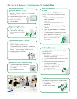 Service and Support (check region for availability)
Accredited Services
(AMS2750, *ISO17025)
Engineering Services
Repair and Support Services
Installation and Commissioning
18 | Product Selection Guide
Validation Services
(GAMP)
Technical Services
Training
• Calibration: *Electrical, *Pressure, *Time,*Temperature
and Humidity
• Thermal Uniformity Surveys: Ovens,
Furnaces, Freezers, Chambers
• System Accuracy tests
• Thermal Imaging
• Custom engineered solutions
• Custom design, configuration
and implementation of bespoke
systems
• Repair option
Premium: 24Hr from receipt of module
Express: 3 working days from receipt of module when
booked via www.eurotherm.co.uk/services
Standard: 5 Working days from receipt of module
• Upgrades, calibration, refurbished
equipment for sale
• Complete installation and commissioning
of discrete instrumentation to large
DCS systems
• Loop tuning and optimisation
• Complete Validaton to GAMP®5 Guidelines
• Services to produce documentation for validation
include:
— User Requirements, Functional Specification and
Design Specifications
— System Build
— Installation, Operational and Performance
qualifications
• Services to maintain the validated state including:
— Calibration
— Like for like parts management to minimise re-
validation effort
— Controlled installation of patches and upgrades
— System operation and administration
— Backup and disaster recovery solutions
— Training for system operators and
administrators
• Free telephone support via our dedicated help desk
• Extended Warranty
• Service Contracts
— Breakdown: 24Hr cover 7 days a week with
guaranteed response to site
— Parts management, included bonded spares placed
on site
— Preventative maintenance and health checks
— Remote Diagnostic Support
— Disaster Recovery Backups and Recovery
— Software and application support
with escalation to R&D
— Bespoke Service Level Assessments
• Formal classroom based including bespoke courses
• Informal hands-on “question & answer”
at customer’s site
• Self paced training modules
 