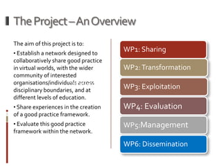 The Project –An Overview
The aim of this project is to:
• Establish a network designed to
                                       WP1: Sharing
collaboratively share good practice
in virtual worlds, with the wider      WP2: Transformation
community of interested
                         New Layouts
organisations/individuals across
disciplinary boundaries, and at
                                       WP3: Exploitation
different levels of education.
• Share experiences in the creation    WP4: Evaluation
of a good practice framework.
• Evaluate this good practice          WP5:Management
framework within the network.

                                       WP6: Dissemination
 