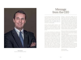 0 2
Pierre Anjolras
Chairman and Chief Executive Officer
0 3
Message
from the CEO
In 2013, we held the 3rd
edition of our International
Safety Day. On May 27, all over the world, we took
a break from our business activities once again
to focus our attention on safety on all of our work
and production sites. This initiative reflects our
commitment to continue progressing towards our
top priority: occupational safety.
Despite unfavorable weather conditions in the
first quarter and downward pressure on public
spending, our financial performance, slightly
lower than in 2012, remained robust with sales
exceeding €8,600 million and an operating profit
of 2.7%.
In the current environment of uncertainty, we
have begun 2014 with watchfulness and serenity.
We are building on the strengths of the strategy
implemented under Jacques Tavernier’s guidance.
We are building on a healthy order book that is
full for more than the next 8 months. And we
are building on recent successes, such as the
Northwest Corridor in Atlanta, the Santiago metro
system in Chile, and public-private partnerships
signed in France for projects in the Cantal region
and in Martinique. In the current context, our order-
taking strategy remains intangible, focusing on
margin growth rather than volume. Accordingly,
we will continue to rely on our highly decentralized
structure, which fosters synergies among Eurovia’s
business lines and within VINCI Group as a whole.
Awareness is taking place worldwide, that the
high-quality transport and urban infrastructure we
design, build, and maintain are key enabling factors
for competitive economic performance and social
cohesion. Many recent events have confirmed this
view:thenewGermancoalition’sdecisiontoprioritize
transport infrastructure renovation, the increased
emphasis on regional and cohesion funds as part of
the EU’s 2014-2020 Cohesion policy, and the surge
of PPP projects in the United States. Eventually, this
growing consensus will result in public spending
reduction programs making a distinction between
investment expenditure and operating expense.
As for us, our ambition is to be increasingly responsible
entrepreneurs, focused on partnership and innovation.
To be responsible entrepreneurs with occupational
safety as our top priority.
To be valued entrepreneurial partners whose teams
are devoted to meeting the needs of our clients and
stakeholders thanks to active listening and our strong
and sustainable local presence. As both a local and
global player, we are responsive to evolving needs in
the field and are able to deploy extensive resources
and expertise, building on strengths such as cultural
diversity and synergies within VINCI Group.
To be innovative entrepreneurs who, for many years,
haveinvestedinresearchanddevelopmenttopromote
green growth and more secure infrastructure, while
encouragingthespiritofinitiativeinour41,000-strong
workforce and fostering our organizational agility.
Serving our clients,
Serving citizen mobility.
 
