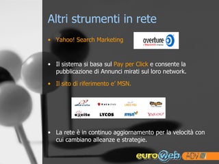 Altri strumenti in rete Yahoo! Search Marketing Il sistema si basa sul  Pay per Click  e consente la pubblicazione di Annunci mirati sul loro network. Il sito di riferimento e’ MSN.  La rete è in continuo aggiornamento per la velocità con cui cambiano alleanze e strategie. 