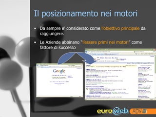 Il posizionamento nei motori Da sempre e’ considerato come  l’obiettivo principale  da raggiungere. Le Aziende abbinano “ l’essere primi nei motori ” come fattore di successo 