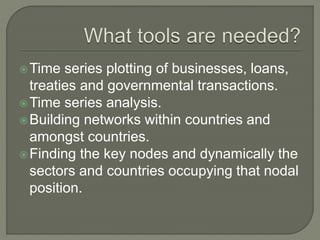 Time series plotting of businesses, loans,
treaties and governmental transactions.
Time series analysis.
Building networks within countries and
amongst countries.
Finding the key nodes and dynamically the
sectors and countries occupying that nodal
position.
 