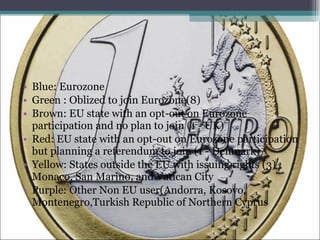 Blue: Eurozone Green : Oblized to join Eurozone(8) Brown: EU state with an opt-out on Eurozone participation and no plan to join (1 - UK) Red: EU state with an opt-out on Eurozone participation but planning a referendum to join (1 - Denmark) Yellow: States outside the EU with issuing rights (3) Monaco, San Marino, and Vatican City Purple: Other Non EU user(Andorra, Kosovo, Montenegro,Turkish Republic of Northern Cyprus 
