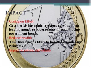 IMPACT Contagion Effect Greek crisis has made investors nervous about lending money to governments through buying government bonds.  Reduced wealth : Take-home pay is likely to fall as it is eroded by rising taxes . Impact on private individuals 