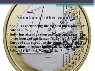 Situation of other countries Spain is experiencing the highest unemployment rate of 20%. Italy- has already taken austerity measures. The lower house of parliament has voted for 25 billion Euros of cuts to reduce the country’s deficit. The govt. aims to reduce budget deficits down from 5.3% of GDP to 2.7% by 2012. 