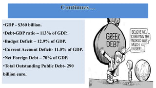 •GDP - $360 billion.
•Debt-GDP ratio – 113% of GDP.
•Budget Deficit – 12.9% of GDP.
•Current Account Deficit- 11.0% of GDP.
•Net Foreign Debt – 70% of GDP.
•Total Outstanding Public Debt- 290
billion euro.
 