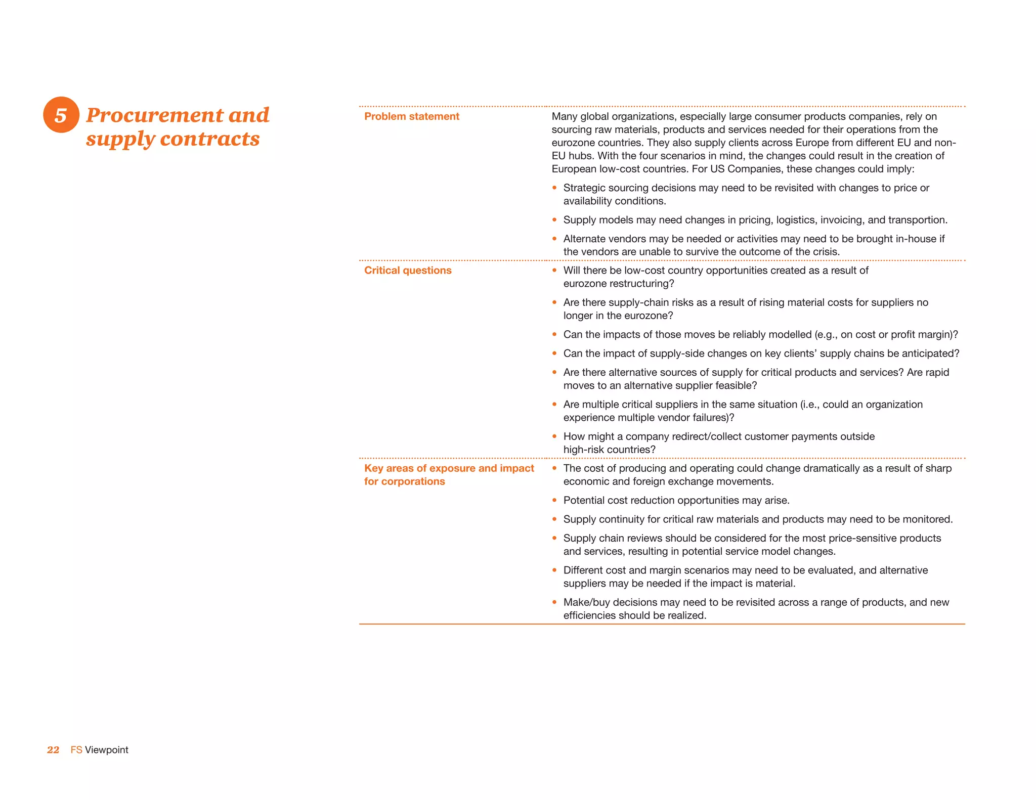 5. 	 Procurement and
 5                      Problem statement                  Many global organizations, especially large consumer products companies, rely on
                                                           sourcing raw materials, products and services needed for their operations from the
     supply contracts                                      eurozone countries. They also supply clients across Europe from different EU and non-
                                                           EU hubs. With the four scenarios in mind, the changes could result in the creation of
                                                           European low-cost countries. For US Companies, these changes could imply:
                                                           •	 Strategic sourcing decisions may need to be revisited with changes to price or
                                                              availability conditions.
                                                           •	 Supply models may need changes in pricing, logistics, invoicing, and transportion.
                                                           •	 Alternate vendors may be needed or activities may need to be brought in-house if
                                                              the vendors are unable to survive the outcome of the crisis.
                        Critical questions                 •	 Will there be low-cost country opportunities created as a result of
                                                              eurozone restructuring?
                                                           •	 Are there supply-chain risks as a result of rising material costs for suppliers no
                                                              longer in the eurozone?
                                                           •	 Can the impacts of those moves be reliably modelled (e.g., on cost or profit margin)?
                                                           •	 Can the impact of supply-side changes on key clients’ supply chains be anticipated?
                                                           •	 Are there alternative sources of supply for critical products and services? Are rapid
                                                              moves to an alternative supplier feasible?
                                                           •	 Are multiple critical suppliers in the same situation (i.e., could an organization
                                                              experience multiple vendor failures)?
                                                           •	 How might a company redirect/collect customer payments outside
                                                              high-risk countries?
                        Key areas of exposure and impact   •	 The cost of producing and operating could change dramatically as a result of sharp
                        for corporations                      economic and foreign exchange movements.
                                                           •	 Potential cost reduction opportunities may arise.
                                                           •	 Supply continuity for critical raw materials and products may need to be monitored.
                                                           •	 Supply chain reviews should be considered for the most price-sensitive products
                                                              and services, resulting in potential service model changes.
                                                           •	 Different cost and margin scenarios may need to be evaluated, and alternative
                                                              suppliers may be needed if the impact is material.
                                                           •	 Make/buy decisions may need to be revisited across a range of products, and new
                                                              efficiencies should be realized.




22   FS Viewpoint
 
