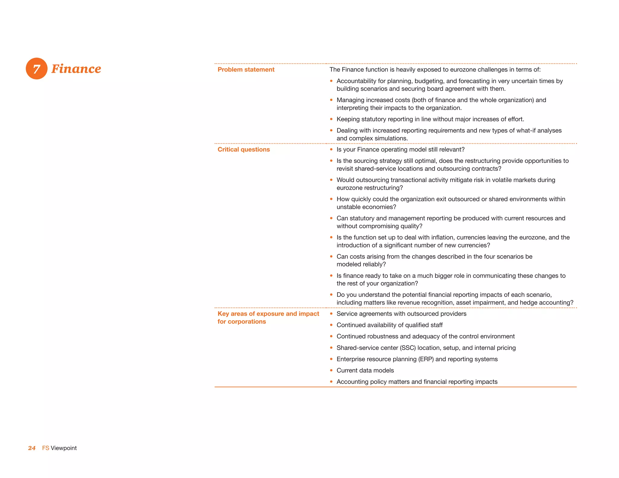 7. 	 Finance
 7                  Problem statement                  The Finance function is heavily exposed to eurozone challenges in terms of:
                                                       •	 Accountability for planning, budgeting, and forecasting in very uncertain times by
                                                          building scenarios and securing board agreement with them.
                                                       •	 Managing increased costs (both of finance and the whole organization) and
                                                          interpreting their impacts to the organization.
                                                       •	 Keeping statutory reporting in line without major increases of effort.
                                                       •	 Dealing with increased reporting requirements and new types of what-if analyses
                                                          and complex simulations.
                    Critical questions                 •	 Is your Finance operating model still relevant?
                                                       •	 Is the sourcing strategy still optimal, does the restructuring provide opportunities to
                                                          revisit shared-service locations and outsourcing contracts?
                                                       •	 Would outsourcing transactional activity mitigate risk in volatile markets during
                                                          eurozone restructuring?
                                                       •	 How quickly could the organization exit outsourced or shared environments within
                                                          unstable economies?
                                                       •	 Can statutory and management reporting be produced with current resources and
                                                          without compromising quality?
                                                       •	 Is the function set up to deal with inflation, currencies leaving the eurozone, and the
                                                          introduction of a significant number of new currencies?
                                                       •	 Can costs arising from the changes described in the four scenarios be
                                                          modeled reliably?
                                                       •	 Is finance ready to take on a much bigger role in communicating these changes to
                                                          the rest of your organization?
                                                       •	 Do you understand the potential financial reporting impacts of each scenario,
                                                          including matters like revenue recognition, asset impairment, and hedge accounting?
                    Key areas of exposure and impact   •	 Service agreements with outsourced providers
                    for corporations
                                                       •	 Continued availability of qualified staff
                                                       •	 Continued robustness and adequacy of the control environment
                                                       •	 Shared-service center (SSC) location, setup, and internal pricing
                                                       •	 Enterprise resource planning (ERP) and reporting systems
                                                       •	 Current data models
                                                       •	 Accounting policy matters and financial reporting impacts




24   FS Viewpoint
 