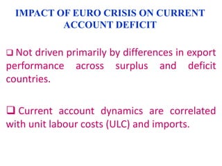IMPACT OF EURO CRISIS ON CURRENT
ACCOUNT DEFICIT
 Not

driven primarily by differences in export
performance across surplus and deficit
countries.
 Current account dynamics are correlated
with unit labour costs (ULC) and imports.

 