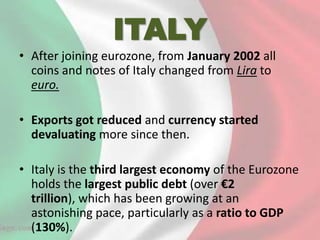 ITALY
• After joining eurozone, from January 2002 all
coins and notes of Italy changed from Lira to
euro.
• Exports got reduced and currency started
devaluating more since then.
• Italy is the third largest economy of the Eurozone
holds the largest public debt (over €2
trillion), which has been growing at an
astonishing pace, particularly as a ratio to GDP
(130%).

 