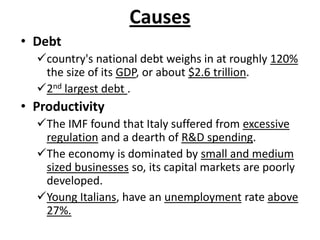 Causes
• Debt
country's national debt weighs in at roughly 120%
the size of its GDP, or about $2.6 trillion.
2nd largest debt .

• Productivity
The IMF found that Italy suffered from excessive
regulation and a dearth of R&D spending.
The economy is dominated by small and medium
sized businesses so, its capital markets are poorly
developed.
Young Italians, have an unemployment rate above
27%.

 