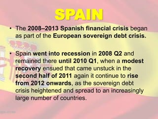 SPAIN
• The 2008–2013 Spanish financial crisis began
as part of the European sovereign debt crisis.
• Spain went into recession in 2008 Q2 and
remained there until 2010 Q1, when a modest
recovery ensued that came unstuck in the
second half of 2011 again it continue to rise
from 2012 onwards, as the sovereign debt
crisis heightened and spread to an increasingly
large number of countries.

 