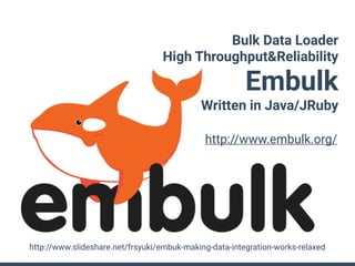 Bulk Data Loader
High Throughput&Reliability
Embulk
Written in Java/JRuby
http://www.slideshare.net/frsyuki/embuk-making-data-integration-works-relaxed
http://www.embulk.org/
 