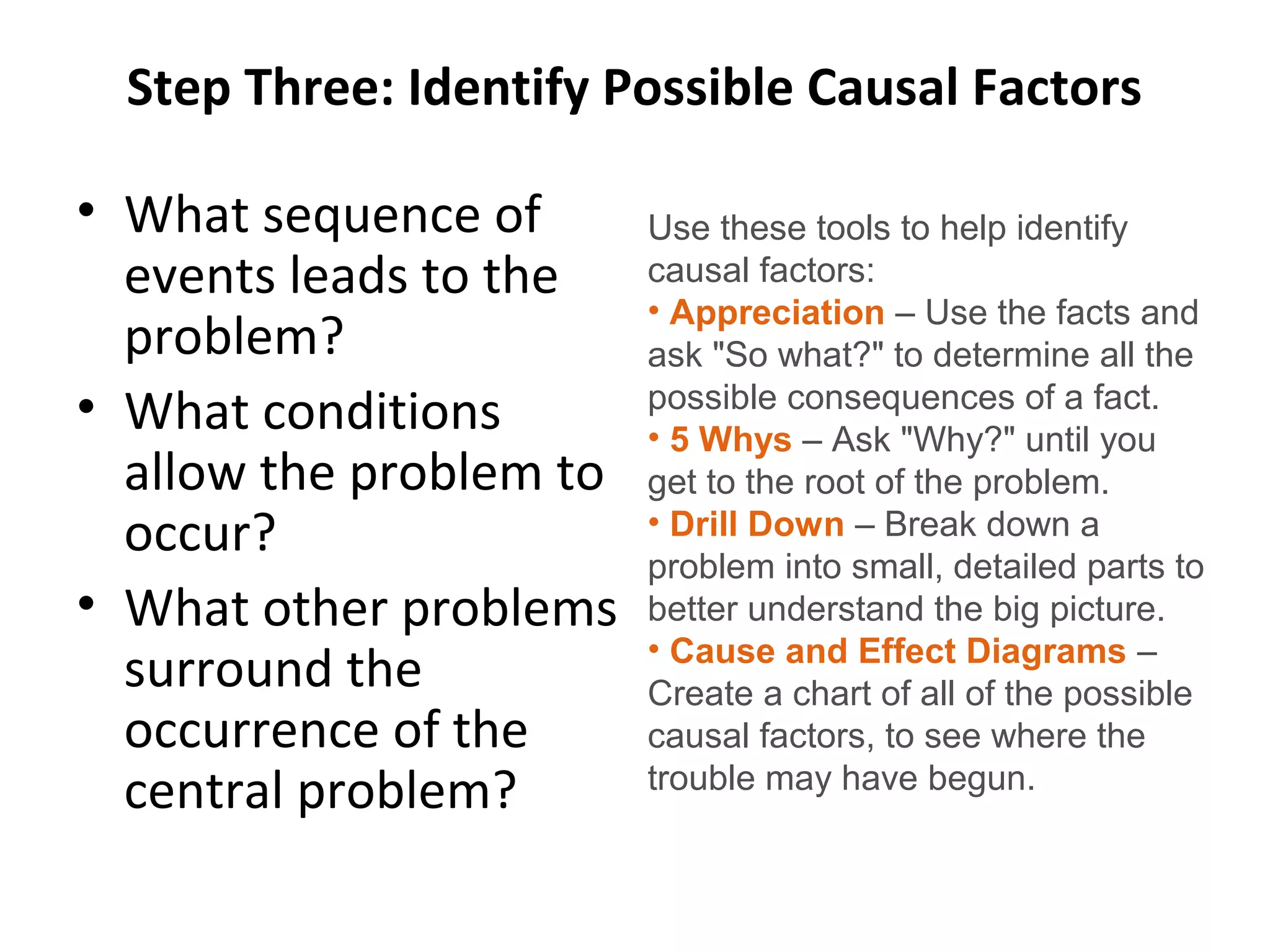 Step Three: Identify Possible Causal Factors
• What sequence of
events leads to the
problem?
• What conditions
allow the problem to
occur?
• What other problems
surround the
occurrence of the
central problem?
Use these tools to help identify
causal factors:
• Appreciation – Use the facts and
ask "So what?" to determine all the
possible consequences of a fact.
• 5 Whys – Ask "Why?" until you
get to the root of the problem.
• Drill Down – Break down a
problem into small, detailed parts to
better understand the big picture.
• Cause and Effect Diagrams –
Create a chart of all of the possible
causal factors, to see where the
trouble may have begun.
 