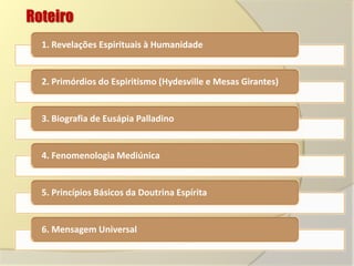 Roteiro
  1. Revelações Espirituais à Humanidade


  2. Primórdios do Espiritismo (Hydesville e Mesas Girantes)


  3. Biografia de Eusápia Palladino


  4. Fenomenologia Mediúnica


  5. Princípios Básicos da Doutrina Espírita


  6. Mensagem Universal
 