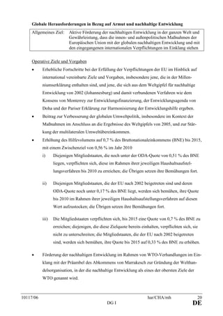 10117/06 har/CHA/mh 20
DG I DE
Globale Herausforderungen in Bezug auf Armut und nachhaltige Entwicklung
Allgemeines Ziel: Aktive Förderung der nachhaltigen Entwicklung in der ganzen Welt und
Gewährleistung, dass die innen- und außenpolitischen Maßnahmen der
Europäischen Union mit der globalen nachhaltigen Entwicklung und mit
den eingegangenen internationalen Verpflichtungen im Einklang stehen
Operative Ziele und Vorgaben
• Erhebliche Fortschritte bei der Erfüllung der Verpflichtungen der EU im Hinblick auf
international vereinbarte Ziele und Vorgaben, insbesondere jene, die in der Millen-
niumserklärung enthalten sind, und jene, die sich aus dem Weltgipfel für nachhaltige
Entwicklung von 2002 (Johannesburg) und damit verbundenen Verfahren wie dem
Konsens von Monterrey zur Entwicklungsfinanzierung, der Entwicklungsagenda von
Doha und der Pariser Erklärung zur Harmonisierung der Entwicklungshilfe ergeben.
• Beitrag zur Verbesserung der globalen Umweltpolitik, insbesondere im Kontext der
Maßnahmen im Anschluss an die Ergebnisse des Weltgipfels von 2005, und zur Stär-
kung der multilateralen Umweltübereinkommen.
• Erhöhung des Hilfevolumens auf 0,7 % des Bruttonationaleinkommens (BNE) bis 2015,
mit einem Zwischenziel von 0,56 % im Jahr 2010
i) Diejenigen Mitgliedstaaten, die noch unter der ODA-Quote von 0,51 % des BNE
liegen, verpflichten sich, diese im Rahmen ihrer jeweiligen Haushaltsaufstel-
lungsverfahren bis 2010 zu erreichen; die Übrigen setzen ihre Bemühungen fort.
ii) Diejenigen Mitgliedstaaten, die der EU nach 2002 beigetreten sind und deren
ODA-Quote noch unter 0,17 % des BNE liegt, werden sich bemühen, ihre Quote
bis 2010 im Rahmen ihrer jeweiligen Haushaltsaufstellungsverfahren auf diesen
Wert aufzustocken; die Übrigen setzen ihre Bemühungen fort.
iii) Die Mitgliedstaaten verpflichten sich, bis 2015 eine Quote von 0,7 % des BNE zu
erreichen; diejenigen, die diese Zielquote bereits einhalten, verpflichten sich, sie
nicht zu unterschreiten; die Mitgliedstaaten, die der EU nach 2002 beigetreten
sind, werden sich bemühen, ihre Quote bis 2015 auf 0,33 % des BNE zu erhöhen.
• Förderung der nachhaltigen Entwicklung im Rahmen von WTO-Verhandlungen im Ein-
klang mit der Präambel des Abkommens von Marrakesch zur Gründung der Welthan-
delsorganisation, in der die nachhaltige Entwicklung als eines der obersten Ziele der
WTO genannt wird.
 