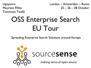 OSS Enterprise Search
EU Tour
Spreading Enterprise Search Solutions around Europe
London – Amsterdam – Rome
25 – 26 – 28 October
Upayavira
Maurizio Pillitu
Tommaso Teofili
 