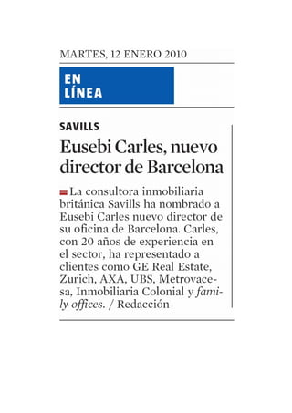 Eusebi Carles - Savills - Nombramiento Director General -  La Vanguardia - 12.01.2010