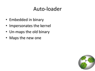 Auto-loaderEmbedded in binaryImpersonates the kernelUn-maps the old binaryMaps the new one
