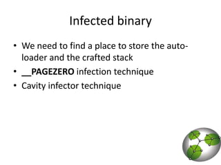 Infected binaryWe need to find a place to store the auto-loader and the crafted stack __PAGEZERO infection techniqueCavity infector technique