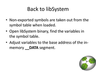 Back to libSystemNon-exported symbols are taken out from the symbol table when loaded.Open libSystem binary, find the variables in the symbol table.Adjust variables to the base address of the in-memory __DATA segment. 