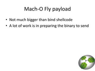 Mach-O Fly payloadNot much bigger than bind shellcodeA lot of work is in preparing the binary to send