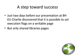 A step toward successJust two days before our presentation at BH EU Charlie discovered that it is possible to set execution flags on a writable pageBut only shared libraries pages