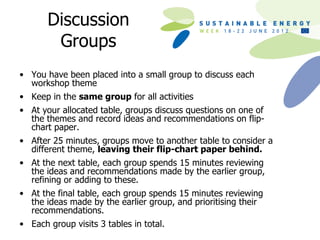 Discussion
        Groups
• You have been placed into a small group to discuss each
  workshop theme
• Keep in the same group for all activities
• At your allocated table, groups discuss questions on one of
  the themes and record ideas and recommendations on flip-
  chart paper.
• After 25 minutes, groups move to another table to consider a
  different theme, leaving their flip-chart paper behind.
• At the next table, each group spends 15 minutes reviewing
  the ideas and recommendations made by the earlier group,
  refining or adding to these.
• At the final table, each group spends 15 minutes reviewing
  the ideas made by the earlier group, and prioritising their
  recommendations.
• Each group visits 3 tables in total.
 