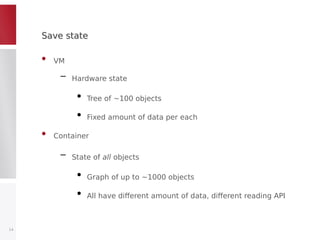 Save stateSave state
• VM
– Hardware state
●
Tree of ~100 objects
●
Fixed amount of data per each
• Container
– State of all objects
●
Graph of up to ~1000 objects
●
All have different amount of data, different reading API
14
 