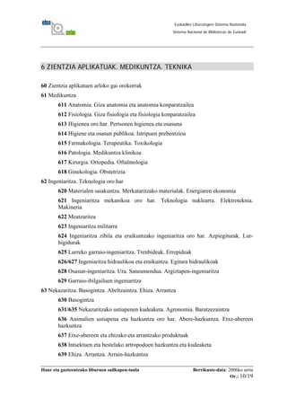 Haur eta gazteentzako liburuen sailkapen-taula Berrikuste-data: 2006ko urria
Or.: 10/19
Euskadiko Liburutegien Sistema Nazionala
Sistema Nacional de Bibliotecas de Euskadi
6 ZIENTZIA APLIKATUAK. MEDIKUNTZA. TEKNIKA
60 Zientzia aplikatuen arloko gai orokorrak
61 Medikuntza
611 Anatomia. Giza anatomia eta anatomia konparatzailea
612 Fisiologia. Giza fisiologia eta fisiologia konparatzailea
613 Higienea oro har. Pertsonen higienea eta osasuna
614 Higiene eta osasun publikoa. Istripuen prebentzioa
615 Farmakologia. Terapeutika. Toxikologia
616 Patologia. Medikuntza klinikoa
617 Kirurgia. Ortopedia. Oftalmologia
618 Ginekologia. Obstetrizia
62 Ingeniaritza. Teknologia oro har
620 Materialen saiakuntza. Merkataritzako materialak. Energiaren ekonomia
621 Ingeniaritza mekanikoa oro har. Teknologia nuklearra. Elektroteknia.
Makineria
622 Meatzaritza
623 Ingeniaritza militarra
624 Ingeniaritza zibila eta eraikuntzako ingeniaritza oro har. Azpiegiturak. Lur-
higidurak
625 Lurreko garraio-ingeniaritza. Trenbideak. Errepideak
626/627 Ingeniaritza hidraulikoa eta eraikuntza. Egitura hidraulikoak
628 Osasun-ingeniaritza. Ura. Saneamendua. Argiztapen-ingeniaritza
629 Garraio-ibilgailuen ingeniaritza
63 Nekazaritza. Basogintza. Abeltzaintza. Ehiza. Arrantza
630 Basogintza
631/635 Nekazaritzako ustiapenen kudeaketa. Agronomia. Baratzezaintza
636 Animalien ustiapena eta hazkuntza oro har. Abere-hazkuntza. Etxe-abereen
hazkuntza
637 Etxe-abereen eta ehizako eta arrantzako produktuak
638 Intsektuen eta bestelako artropodoen hazkuntza eta kudeaketa
639 Ehiza. Arrantza. Arrain-hazkuntza
 