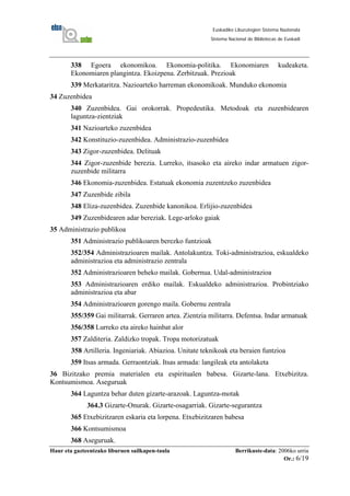 Haur eta gazteentzako liburuen sailkapen-taula Berrikuste-data: 2006ko urria
Or.: 6/19
Euskadiko Liburutegien Sistema Nazionala
Sistema Nacional de Bibliotecas de Euskadi
338 Egoera ekonomikoa. Ekonomia-politika. Ekonomiaren kudeaketa.
Ekonomiaren plangintza. Ekoizpena. Zerbitzuak. Prezioak
339 Merkataritza. Nazioarteko harreman ekonomikoak. Munduko ekonomia
34 Zuzenbidea
340 Zuzenbidea. Gai orokorrak. Propedeutika. Metodoak eta zuzenbidearen
laguntza-zientziak
341 Nazioarteko zuzenbidea
342 Konstituzio-zuzenbidea. Administrazio-zuzenbidea
343 Zigor-zuzenbidea. Delituak
344 Zigor-zuzenbide berezia. Lurreko, itsasoko eta aireko indar armatuen zigor-
zuzenbide militarra
346 Ekonomia-zuzenbidea. Estatuak ekonomia zuzentzeko zuzenbidea
347 Zuzenbide zibila
348 Eliza-zuzenbidea. Zuzenbide kanonikoa. Erlijio-zuzenbidea
349 Zuzenbidearen adar bereziak. Lege-arloko gaiak
35 Administrazio publikoa
351 Administrazio publikoaren berezko funtzioak
352/354 Administrazioaren mailak. Antolakuntza. Toki-administrazioa, eskualdeko
administrazioa eta administrazio zentrala
352 Administrazioaren beheko mailak. Gobernua. Udal-administrazioa
353 Administrazioaren erdiko mailak. Eskualdeko administrazioa. Probintziako
administrazioa eta abar
354 Administrazioaren gorengo maila. Gobernu zentrala
355/359 Gai militarrak. Gerraren artea. Zientzia militarra. Defentsa. Indar armatuak
356/358 Lurreko eta aireko hainbat alor
357 Zalditeria. Zaldizko tropak. Tropa motorizatuak
358 Artilleria. Ingeniariak. Abiazioa. Unitate teknikoak eta beraien funtzioa
359 Itsas armada. Gerraontziak. Itsas armada: langileak eta antolaketa
36 Bizitzako premia materialen eta espiritualen babesa. Gizarte-lana. Etxebizitza.
Kontsumismoa. Aseguruak
364 Laguntza behar duten gizarte-arazoak. Laguntza-motak
364.3 Gizarte-Onurak. Gizarte-osagarriak. Gizarte-segurantza
365 Etxebizitzaren eskaria eta lorpena. Etxebizitzaren babesa
366 Kontsumismoa
368 Aseguruak.
 