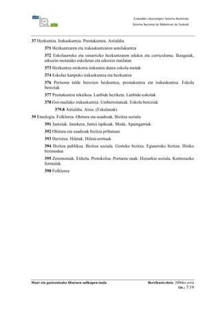 Haur eta gazteentzako liburuen sailkapen-taula Berrikuste-data: 2006ko urria
Or.: 7/19
Euskadiko Liburutegien Sistema Nazionala
Sistema Nacional de Bibliotecas de Euskadi
37 Hezkuntza. Irakaskuntza. Prestakuntza. Astialdia
371 Hezkuntzaren eta irakaskuntzaren antolakuntza
372 Eskolaurreko eta oinarrizko hezkuntzaren edukia eta curriculuma. Ikasgaiak,
edozein motatako eskoletan eta edozein mailatan
373 Hezkuntza orokorra irakasten duten eskola-motak
374 Eskolaz kanpoko irakaskuntza eta hezkuntza
376 Pertsona talde berezien hezkuntza, prestakuntza eta irakaskuntza. Eskola
bereziak
377 Prestakuntza teknikoa. Lanbide heziketa. Lanbide-eskolak
378 Goi-mailako irakaskuntza. Unibertsitateak. Eskola bereziak
379.8 Astialdia. Aisia. (Eskulanak)
39 Etnologia. Folklorea. Ohitura eta usadioak. Bizitza soziala
391 Jantziak. Janzkera. Jantzi tipikoak. Moda. Apaingarriak
392 Ohitura eta usadioak bizitza pribatuan
393 Heriotza. Hiletak. Hileta-errituak
394 Bizitza publikoa. Bizitza soziala. Gorteko bizitza. Eguneroko bizitza. Hiriko
bizimodua
395 Zeremoniak. Etiketa. Protokoloa. Portaera onak. Hierarkia soziala. Kortesiazko
formulak
398 Folklorea
 