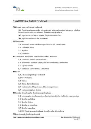 Haur eta gazteentzako liburuen sailkapen-taula Berrikuste-data: 2006ko urria
Or.: 8/19
Euskadiko Liburutegien Sistema Nazionala
Sistema Nacional de Bibliotecas de Euskadi
5 MATEMATIKA. NATUR ZIENTZIAK
50 Zientzia hutsen arloko gai orokorrak
501 Zientzia zehatzen arloko gai orokorrak. Matematika-zientziak zentzu zabalean
hartuta, astronomia, mekanika eta fisika matematikoa barne
502 Ingurumena eta horren babesa. (Ingurumen-zientziak)
504 Ingurumenaren aurkako mehatxuak
51 Matematika
510 Matematikaren arloko kontzeptu oinarrizkoak eta orokorrak
511 Zenbakien teoria
512 Algebra
514 Geometria
52 Astronomia. Astrofisika. Espazioaren ikerketa. Geodesia
520 Tresna eta teknika astronomikoak
521 Astronomia teorikoa. Zeruko mekanika. Oinarrizko astronomia
523 Eguzki-sistema
524 Izarrak eta izar-sistemak. Unibertsoa
53 Fisika
530.1 Fisikaren printzipio orokorrak
531/534 Mekanika
535 Optika
536 Beroa. Termodinamika
537 Elektrizitatea. Magnetismoa. Elektromagnetismoa
539 Materiaren egitura fisikoa
54 Kimika. Kristalografia. Zientzia mineralogikoak
542 Laborategiko kimika praktikoa. Prestaketako kimika eta kimika esperimentala
543 Kimika analitikoa
544 Kimika fisikoa
546 Kimika ez-organikoa
547 Kimika organikoa
548/549 Zientzia mineralogikoak. Kristalografia. Mineralogia
55 Lur-zientziak. Geologia-zientziak
 