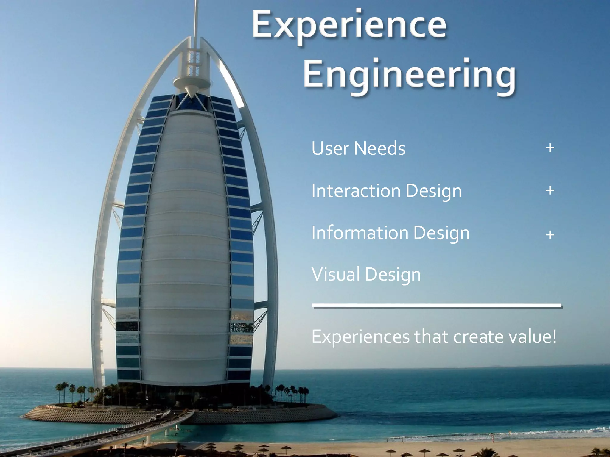 User Needs Interaction Design Information Design Visual Design Experiences that create value! + + + 