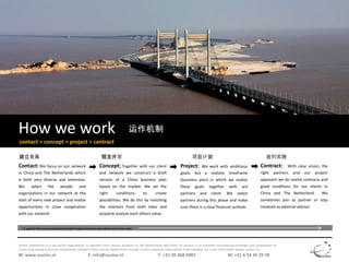 How we work
contact > concept > project > contract
Contact:We focus on our network
in China and The Netherlands which
is b...