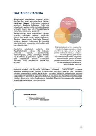 16
BALIABIDE-BANKUA
Ikastetxeetan irakurketaren inguruan egiten
den lana hiru ardatz nagusitan bana daiteke:
irakurtzen ikastea (irakurtzeko gaitasuna
garatzea), ikasteko irakurtzea (irakurketa
ezagutzaren garapenerako eta ikaskuntzarako
funtsezko tresna gisa) eta irakurzaletasuna
(irakurtzeko zaletasuna garatzea).
Baliabide-banku honek irakurketaren gaineko
lanerako askotariko aukerak eskaintzen
dizkigu, hiru ardatz horien arabera sailkatuta.
Gainera, Ikastetxearen Irakurketa Planaren
helburua ikasleen irakurtzeko konpetentzia
hobetzea izanik, ebaluazioarekin lotutako atal
bat eskaintzen da.
Askotariko baliabideak aukeratu dira
(hausnarketarako artikulu eta bideoak,
jarduerak, testuak, planteamendu
metodologikoak, unitate didaktikoak, tresnak
eta txantiloiak...), jardunbide egokien eredu
gisa proposatzen direnak ikastetxeek
Irakurketa Plana lantzerakoan aintzat har
ditzaten.
Jarduketa-ardatzak eta horietako bakoitzaren helburuak IRAKURGUNEA webgune
honetako erreferentziazko hainbat dokumentutan markatuta agertzen dira: Irakurketa
lantzeko orientabideak Lehen Hezkuntzan, Irakurketa lantzeko orientabideak Bigarren
Hezkuntzan eta Jardunbide egokien gidaliburua. Irakasleak eta irakurketaren irakaskuntza.
Halaber, dokumentu horiek Ikastetxearen Irakurketa Plana sortzeko prozesuko etapetako
bitartekoak eta ibilbideak zehazten dituzte.
.
Elkarri josita daudenez hiru multzoak, bat
hobetzen bada gainerakoak ere hobetu
egiten dira: irakurtzeko ohitura hartuz gero,
jakiteko, ikasteko eta ikasitakoa banatzeko
irakurketa gehiago egiten da, eta
erakusteko irakurketa zenbat eta gehiago
eta hobeto erabili, gehiago eta hobeto
garatuko da irakurtzeko ohitura. Hori dela-
eta, irakurketaren inguruko erabakiak
egituratzeko ere balio dute.
.
Baliabide gehiago:
 Webgune interesgarriak.
 Zure zonaldeko Berritzegunea
 
