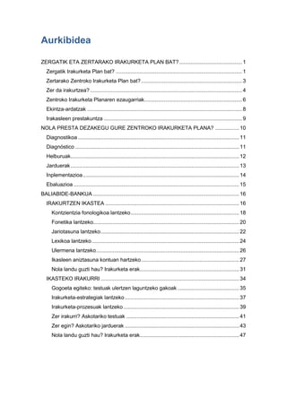 Aurkibidea
ZERGATIK ETA ZERTARAKO IRAKURKETA PLAN BAT?..........................................1
Zergatik Irakurketa Plan bat? ....................................................................................1
Zertarako Zentroko Irakurketa Plan bat? ...................................................................3
Zer da irakurtzea? .....................................................................................................4
Zentroko Irakurketa Planaren ezaugarriak.................................................................6
Ekintza-ardatzak .......................................................................................................8
Irakasleen prestakuntza ............................................................................................9
NOLA PRESTA DEZAKEGU GURE ZENTROKO IRAKURKETA PLANA? ................10
Diagnostikoa ...........................................................................................................11
Diagnóstico .............................................................................................................11
Helburuak................................................................................................................12
Jarduerak................................................................................................................13
Inplementazioa........................................................................................................14
Ebaluazioa ..............................................................................................................15
BALIABIDE-BANKUA .................................................................................................16
IRAKURTZEN IKASTEA .........................................................................................16
Kontzientzia fonologikoa lantzeko........................................................................18
Fonetika lantzeko.................................................................................................20
Jariotasuna lantzeko............................................................................................22
Lexikoa lantzeko..................................................................................................24
Ulermena lantzeko...............................................................................................26
Ikasleen aniztasuna kontuan hartzeko.................................................................27
Nola landu guzti hau? Irakurketa erak..................................................................31
IKASTEKO IRAKURRI ............................................................................................34
Gogoeta egiteko: testuak ulertzen laguntzeko gakoak .........................................35
Irakurketa-estrategiak lantzeko............................................................................37
Irakurketa-prozesuak lantzeko.............................................................................39
Zer irakurri? Askotariko testuak ...........................................................................41
Zer egin? Askotariko jarduerak ............................................................................43
Nola landu guzti hau? Irakurketa erak..................................................................47
 