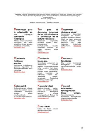 19
OHARRA: Hurrengo baliabide-zerrendak irakurketa lantzeko hainbat aukera biltzen ditu. Horietako asko interneten
eskuratu daitezke. Baliabideak jardunbide egokien eredu edo ikastetxeak aintzat har ditzakeen jarduera gisa
proposatzen dira.
Baliabide gehiago hemen:
Webgune interesgarrietan Zure Berritzegunean
Metodología para
la adquisición de
una correcta
conciencia
fonológica
Artikulu honek kontzientzia
fonologikoa nola landu
laburbiltzen du eta lanerako
jarraibideak ematen ditu.
Baliabidea ikusi
Test para la
detección temprana
de las dificultades en
el aprendizaje de la
lectura y escritura
Dislexiaren diagnostiko
goiztiarra egiteko froga,
prozesamendu
fonologikoarekin lotutako
gabezietan oinarritua; lau
urteko haurrekin aplika
daiteke.
Baliabidea ikusi
Begizorrotz,
silábico y global
Irakurketaren ikaskuntzan
murgiltzeko, eta fonema-
grafema asoziazioa (soinua-
letra) eta hitzen antzemate
orokorra lantzeko. Haur
Hezkuntza eta Lehen
Hezkuntza (irakurtzeko
zailtasunekin). Baliabidea
ikusi
Conciencia
fonémica:
Vocales
Kontzientzia fonologikoaren
garapena laguntzeko bi
aurkezpen interaktibo. Haur
Hezkuntza.
Baliabidea ikusi
Conciencia
fonológica
Komunikazio handigarriari eta
alternatiboari buruzko
Aragoiko Gobernuaren atariak
behar bereziren bat duten
ikasleen komunikazioa
errazten duten piktogramak,
irudiak, materialak eta
softwareak biltzen ditu.
“Materiales” atalean,
kontzientzia fonologikoa
lantzeko gune bat dago.
Baliabidea ikusi
Conciencia
fonológica
Blog honek kontzientzia
fonologikoari buruzko
hezkuntza-materialak biltzen
ditu.
Baliabidea ikusi
Kataluga 2.0
Grafema-fonemak, silabak,
hitzak eta esaldiak erabiliz
kontzientzia fonologikoa
lantzeko ariketa
metalinguistikoak.
PC-an deskargatu daitezke.
Baliabidea ikusi
Katamotz hitzak
Grafema-fonemak, silabak,
hitzak eta esaldiak erabiliz
kontzientzia fonologikoa
lantzeko ariketa
metalinguistikoak. Tableta eta
mugikorrerako aplikazioak.
Baliabidea ikusi
Fonemak
kontzientzia
fonologikoaren
bidez lantzen.
Irakurketa-idazketa
kontzientzia fonologikoaren
bidez lantzeko materiala.
Baliabidea ikusi
Salto saltoka
Letrak eta haien soinuak
lantzeko mahai-jokoa.
Baliabidea ikusi
 