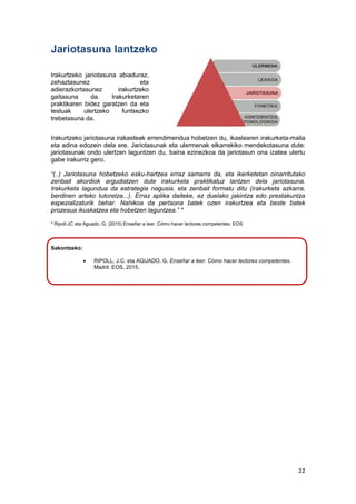 22
Jariotasuna lantzeko
Irakurtzeko jariotasuna abiaduraz,
zehaztasunez eta
adierazkortasunez irakurtzeko
gaitasuna da. Irakurketaren
praktikaren bidez garatzen da eta
testuak ulertzeko funtsezko
trebetasuna da.
Irakurtzeko jariotasuna irakasteak errendimendua hobetzen du, ikaslearen irakurketa-maila
eta adina edozein dela ere. Jariotasunak eta ulermenak elkarrekiko mendekotasuna dute:
jariotasunak ondo ulertzen laguntzen du, baina ezinezkoa da jariotasun ona izatea ulertu
gabe irakurriz gero.
“(..) Jariotasuna hobetzeko esku-hartzea erraz samarra da, eta ikerketetan oinarritutako
zenbait akordiok argudiatzen dute irakurketa praktikatuz lantzen dela jariotasuna.
Irakurketa lagundua da estrategia nagusia, eta zenbait formatu ditu (irakurketa azkarra,
berdinen arteko tutoretza...). Erraz aplika daiteke, ez duelako jakintza edo prestakuntza
espezializaturik behar. Nahikoa da pertsona batek ozen irakurtzea eta beste batek
prozesua ikuskatzea eta hobetzen laguntzea.” *
* Ripoll,JC eta Aguado, G. (2015) Enseñar a leer. Cómo hacer lectores competentes. EOS
Sakontzeko:
 RIPOLL, J.C. eta AGUADO, G. Enseñar a leer. Cómo hacer lectores competentes.
Madril: EOS, 2015.
 