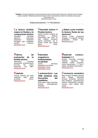 23
OHARRA: Hurrengo baliabide-zerrendak irakurketa lantzeko hainbat aukera biltzen ditu. Horietako asko interneten
eskuratu daitezke. Baliabideak jardunbide egokien eredu edo ikastetxeak aintzat har ditzakeen jarduera gisa
proposatzen dira.
Baliabide gehiago hemen:
Webgune interesgarrietan Zure Berritzegunean
La lectura asistida
mejora la fluidez y la
comprensión lectora
Irakasleek irakurketa
lagundua irakurtzeko
jariotasuna hobetzeko
estrategia gisa erabiltzeari
buruzko artikulua.
Baliabidea ikusi
Velocidad lectora ≠
Fluidez lectora
Artikulu honetan azaltzen da
irakurtzeko abiadura
beharrezkoa izan arren ez
dela nahikoa jariotasun
egokia edukitzeko, eta bi
termino horiek maiz nahasi
egiten direla.
Baliabidea ikusi
¿Sabes como modelar
la lectura fluida de tus
alumnos?
Artikulu honek jariotasuna
ikasgelan 7 urratsetan lantzeko
jarraibideak ematen ditu.
Baliabidea ikusi
Rúbrica de
evaluación de la
fluidez lectora.
Irakurriaren ulermena
ebaluatzeko erreferentziazko
lan-sorta bat. Lehen
Hezkuntza eta DBH.
Baliabidea ikusi
Irakurketa
eraginkorra
koebaluatzeko
errubrikak
Ozenki irakurtzea
ebaluatzeko errubrikak.
Baliabidea 1 ikusi
Baliabidea 2 ikusi
Katamotz Lectura.-
Kalalekto 1.1
Ikasleei irakurketa prozesua
hobetzen laguntzen dien
software libreko programa.
Lehen Hezkuntzako 1., 2. eta 3.
zikloak. Gaztelania eta euskara.
Baliabidea ikusi
Katahots
Testuak aukeratu eta ahots
sintetizatu baten bidez
entzuteko tresna.
Baliabidea ikusi
Lectoescritura: Las
1000 palabras más
frecuentes del
castellano
Ohiko hitzen bidez irakurketa
lantzeko ordenagailurako
materiala.
Baliabidea ikusi
Conciencia semántica
Blog honetan heziketa-materiala
aurki daiteke. Semantika
lantzeko askotariko jarduerak
topa ditzakezu: antzekotasunen
arabera multzokatzea, ezaugarri
komuna, osatu esaldia, hizki-
zopak...
Baliabidea ikusi
 
