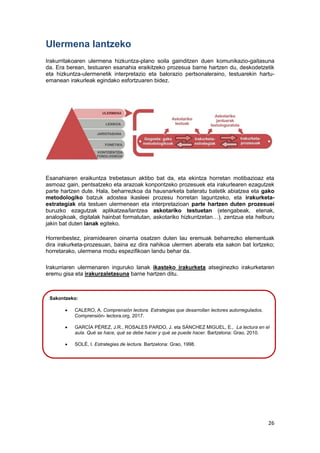 26
Ulermena lantzeko
Irakurritakoaren ulermena hizkuntza-plano soila gainditzen duen komunikazio-gaitasuna
da. Era berean, testuaren esanahia eraikitzeko prozesua barne hartzen du, deskodetzetik
eta hizkuntza-ulermenetik interpretazio eta balorazio pertsonaleraino, testuarekin hartu-
emanean irakurleak egindako esfortzuaren bidez.
Esanahiaren eraikuntza trebetasun aktibo bat da, eta ekintza horretan motibazioaz eta
asmoaz gain, pentsatzeko eta arazoak konpontzeko prozesuek eta irakurlearen ezagutzek
parte hartzen dute. Hala, beharrezkoa da hausnarketa bateratu batetik abiatzea eta gako
metodologiko batzuk adostea ikasleei prozesu horretan laguntzeko, eta irakurketa-
estrategiak eta testuen ulermenean eta interpretazioan parte hartzen duten prozesuei
buruzko ezagutzak aplikatzea/lantzea askotariko testuetan (etengabeak, etenak,
analogikoak, digitalak hainbat formatutan, askotariko hizkuntzetan…), zentzua eta helburu
jakin bat duten lanak egiteko.
Horrenbestez, piramidearen oinarria osatzen duten lau eremuak beharrezko elementuak
dira irakurketa-prozesuan, baina ez dira nahikoa ulermen aberats eta sakon bat lortzeko;
horretarako, ulermena modu espezifikoan landu behar da.
Irakurriaren ulermenaren inguruko lanak ikasteko irakurketa atseginezko irakurketaren
eremu gisa eta irakurzaletasuna barne hartzen ditu.
Sakontzeko:
 CALERO, A. Comprensión lectora. Estrategias que desarrollan lectores autorregulados.
Comprensión- lectora.org, 2017.
 GARCÍA PÉREZ, J.R., ROSALES PARDO, J. eta SÁNCHEZ MIGUEL, E., La lectura en el
aula. Qué se hace, qué se debe hacer y qué se puede hacer. Bartzelona: Grao, 2010.
 SOLÉ, I. Estrategias de lectura. Bartzelona: Grao, 1998.
 