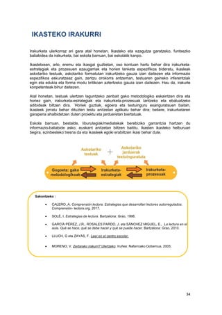 34
IKASTEKO IRAKURRI
Irakurketa ulerkorraz ari gara atal honetan. Ikasteko eta ezagutza garatzeko, funtsezko
baliabidea da irakurketa, bai eskola barruan, bai eskolatik kanpo.
Ikastetxean, arlo, eremu eta ikasgai guztietan, oso kontuan hartu behar dira irakurketa-
estrategiak eta prozesuen ezaugarriak eta horien lanketa espezifikoa bideratu, ikasleak
askotariko testuak, askotariko formatutan irakurtzeko gauza izan daitezen eta informazio
espezifikoa eskuratzeaz gain, zentzu orokorra antzeman, testuaren gaineko inferentziak
egin eta edukia eta forma modu kritikoan aztertzeko gauza izan daitezen. Hau da, irakurle
konpetenteak bihur daitezen.
Atal honetan, testuak ulertzen laguntzeko zenbait gako metodologiko eskaintzen dira eta
horiez gain, irakurketa-estrategiak eta irakurketa-prozesuak lantzeko eta ebaluatzeko
adibideak biltzen dira. ´Horiek guztiak, egoera eta testuinguru esanguratsuen baitan,
ikasleek jorratu behar dituzten testu anitzetan aplikatu behar dira; betiere, irakurketaren
garapena ahalbidetzen duten proiektu eta jardueretan txertatuak.
Eskola barruan, bestalde, liburutegiak/mediatekak berebiziko garrantzia hartzen du
informazio-baliabide asko, euskarri anitzetan biltzen baititu. Ikasten ikasteko helburuari
begira, ezinbesteko tresna da eta ikasleek egoki erabiltzen ikasi behar dute.
Sakontzeko :
 CALERO, A. Comprensión lectora. Estrategias que desarrollan lectores autorregulados.
Comprensión- lectora.org, 2017.
 SOLÉ, I. Estrategias de lectura. Bartzelona: Grao, 1998.
 GARCÍA PÉREZ, J.R., ROSALES PARDO, J. eta SÁNCHEZ MIGUEL, E., La lectura en el
aula. Qué se hace, qué se debe hacer y qué se puede hacer. Bartzelona: Grao, 2010.
 LLUCH, G eta ZAYAS, F. Leer en el centro escolar.
 MORENO, V. Zertarako irakurri? Ulertzeko. Iruñea: Nafarroako Gobernua, 2005.
 