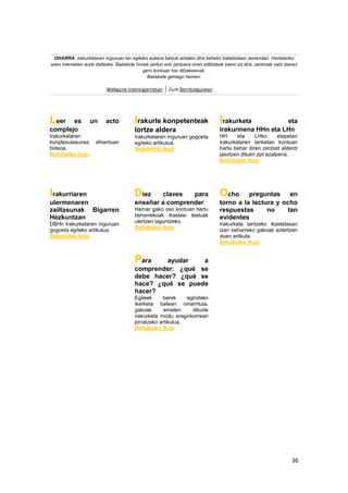 36
OHARRA: irakurketaren inguruan lan egiteko aukera batzuk ematen dira beheko baliabideen zerrendan. Horietariko
asko interneten aurki daitezke. Baliabide horiek jardun edo jarduera onen adibideak baino ez dira, zentroak nahi izanez
gero kontuan har ditzakeenak.
Baliabide gehiago hemen:
Webgune interesgarrietan Zure Berritzegunean
Leer es un acto
complejo
Irakurketaren
konplexutasunaz diharduen
bideoa.
Baliabidea ikusi
Irakurle konpetenteak
lortze aldera
Irakurketaren inguruan gogoeta
egiteko artikulua.
Baliabidea ikusi
Irakurketa eta
irakurmena HHn eta LHn
HH eta LHko etapetan
irakurketaren lanketan kontuan
hartu behar diren zenbait alderdi
jasotzen dituen ppt azalpena.
Baliabidea ikusi
Irakurriaren
ulermenaren
zailtasunak Bigarren
Hezkuntzan
DBHn Irakurketaren inguruan
gogoeta egiteko artikulua.
Baliabidea ikusi
Diez claves para
enseñar a comprender
Hamar gako oso kontuan hartu
beharrekoak ikasleei testuak
ulertzen laguntzeko.
Baliabidea ikusi
Ocho preguntas en
torno a la lectura y ocho
respuestas no tan
evidentes
Irakurketa lantzeko ikastetxean
izan beharreko gakoak aztertzen
duen artikula.
Baliabidea ikusi
Para ayudar a
comprender: ¿qué se
debe hacer? ¿qué se
hace? ¿qué se puede
hacer?
Egileek berek egindako
ikerketa batean oinarrituta,
gakoak ematen dituzte
irakurketa modu eraginkorrean
jorratzeko artikulua.
Baliabidea ikusi
 